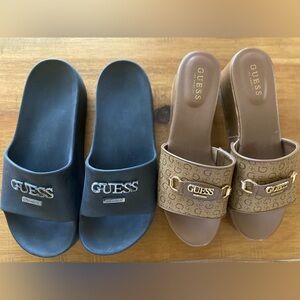 🔥🔥2 Pairs GUESS Black Logo Slide & Brown Monogram Buckle Platform Sandals